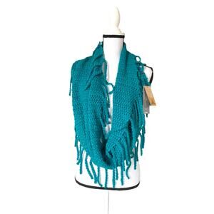 NWT PrAna Jane Fringe Trim Infinity Scarf Teal Blue Chinky Knit Neck Warmer